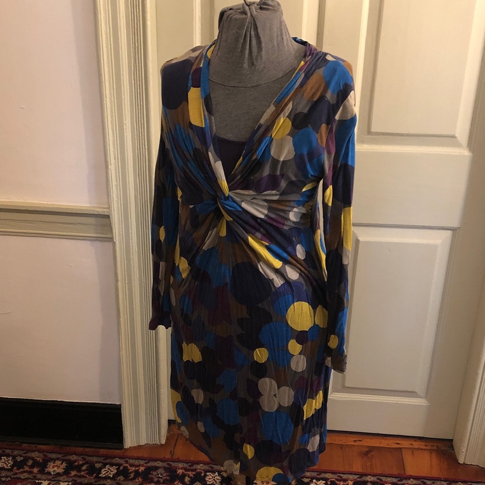 Boden Blue, Yellow and Brown Polka-Dot Twist-Front Midi Dress